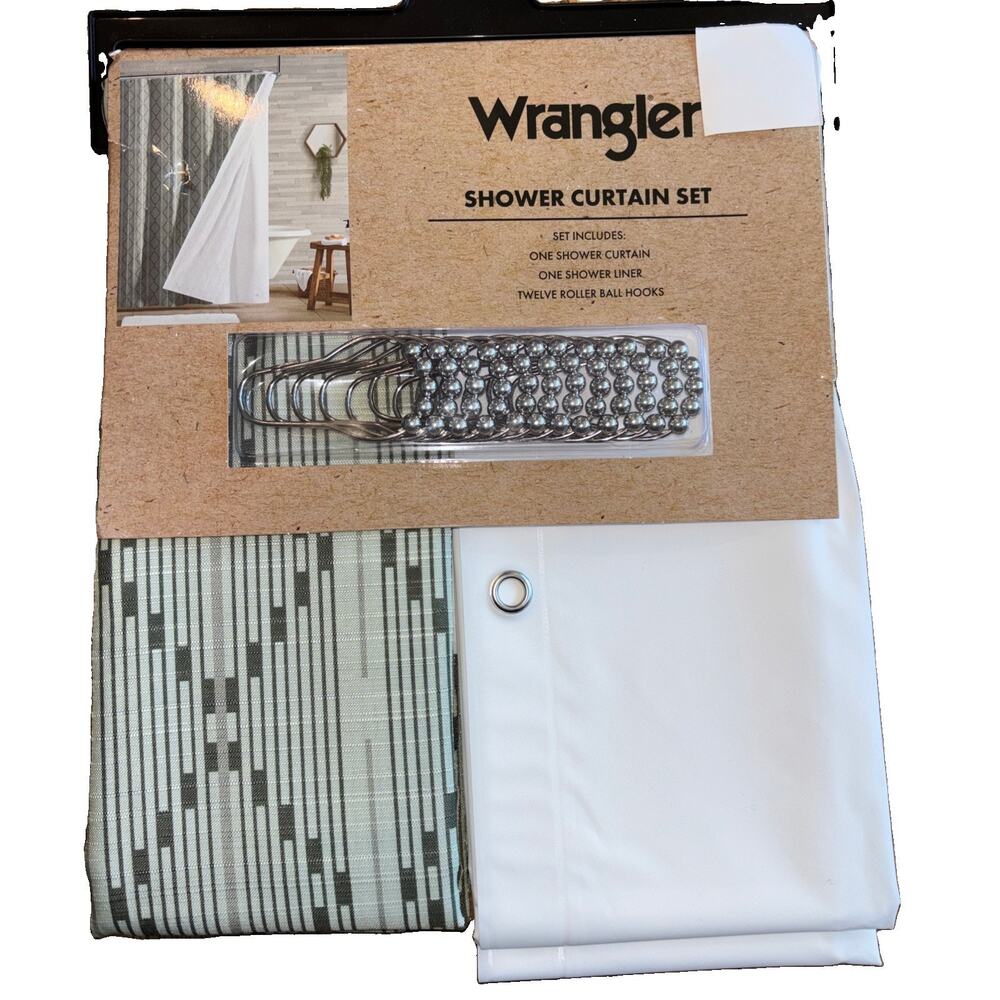 Wrangler "Mesa Stripe Green" Aztec Geometric 14pc Shower Curtain Cowboy Western
